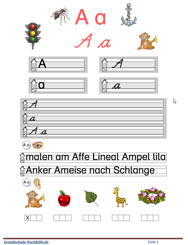 Grundschule-Nachhilfe.de | Arbeitsblatt Nachhilfe Deutsch Klasse 1 A, a