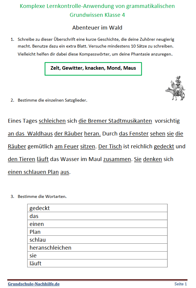 Arbeitsblatt Deutsch Klasse 4,5 Grammatikalische  Grundwissen üben und festigen