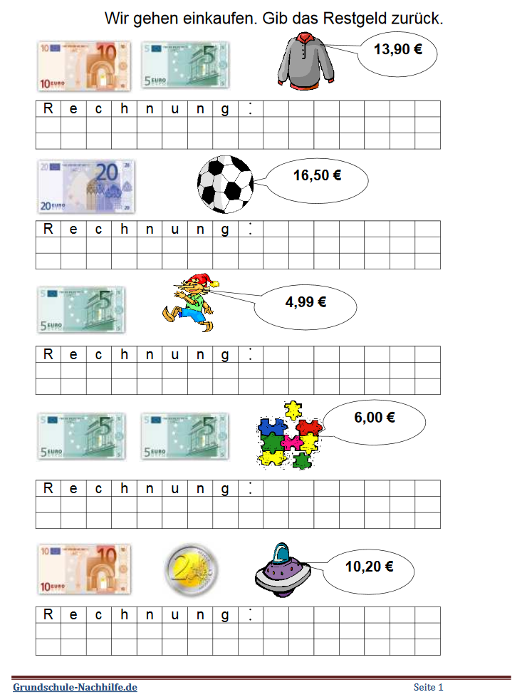 Grundschule-Nachhilfe.de | Arbeitsblatt Mathe Klasse 1-2 Umgang mit Geld- Restgeld- Wir gehen ...
