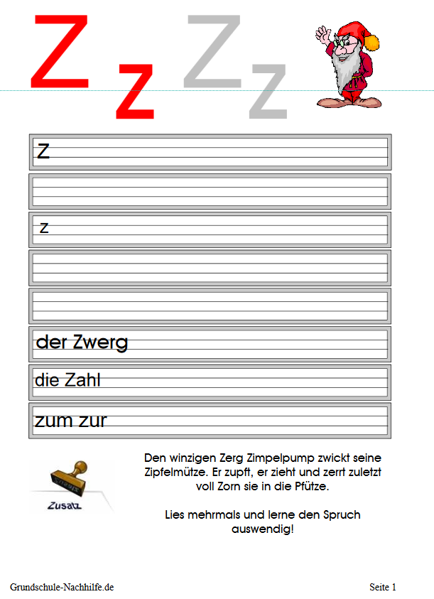 Arbeitsblatt Nachhilfe Deutsch Klasse 1 und 2  „Schreibschrift für Anfänger- Z, z“