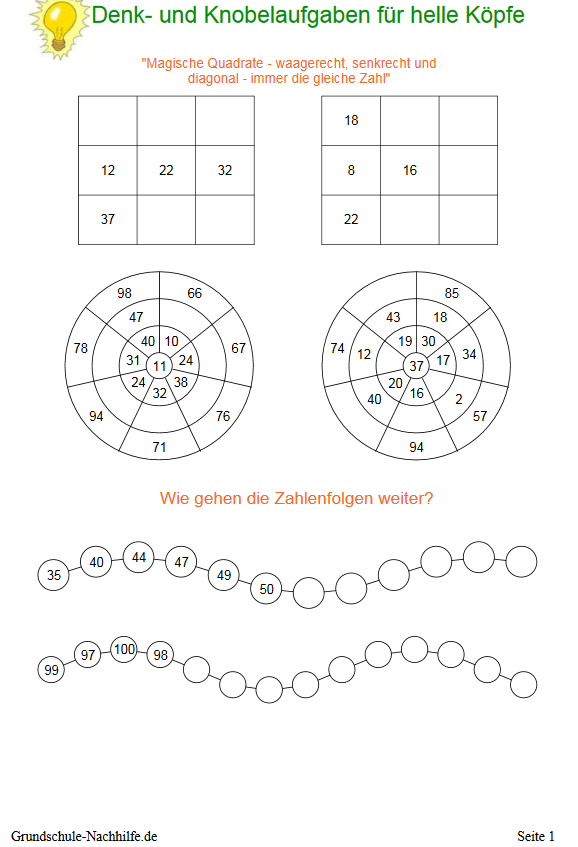 Grundschule-Nachhilfe.de | Arbeitsblatt Nachhilfe Mathe Klasse 3 / 4 Denk- und Knobelaufgaben