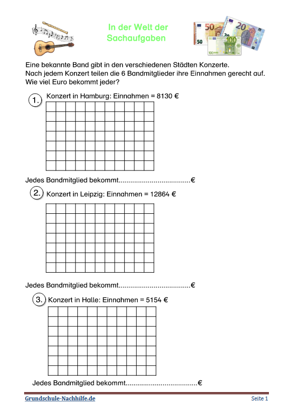 Grundschule-Nachhilfe.de | Arbeitsblatt Mathe Klasse 3,4,5 Sachaufgaben