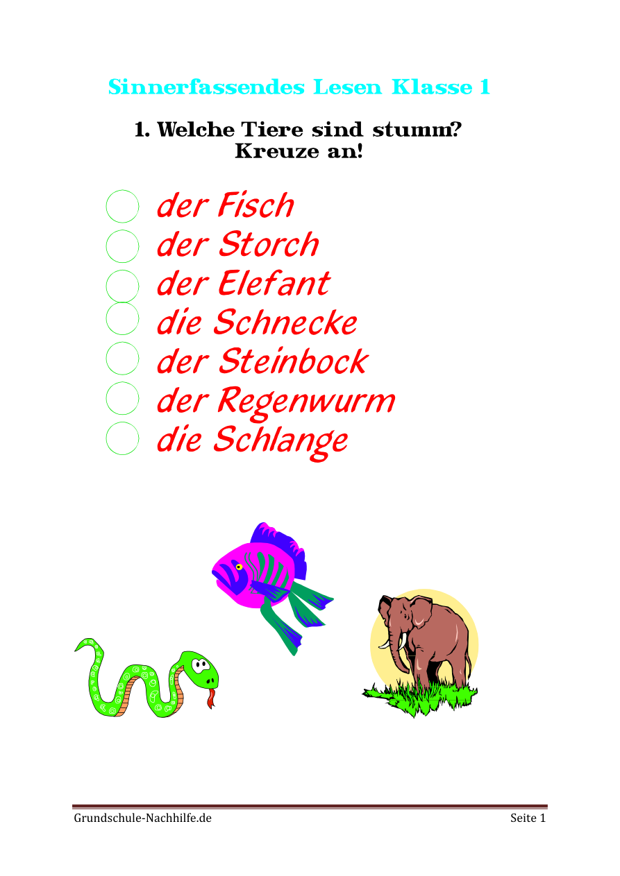 Arbeitsblätter für erste sinnerfassende Leseübungen in der 1. Klasse