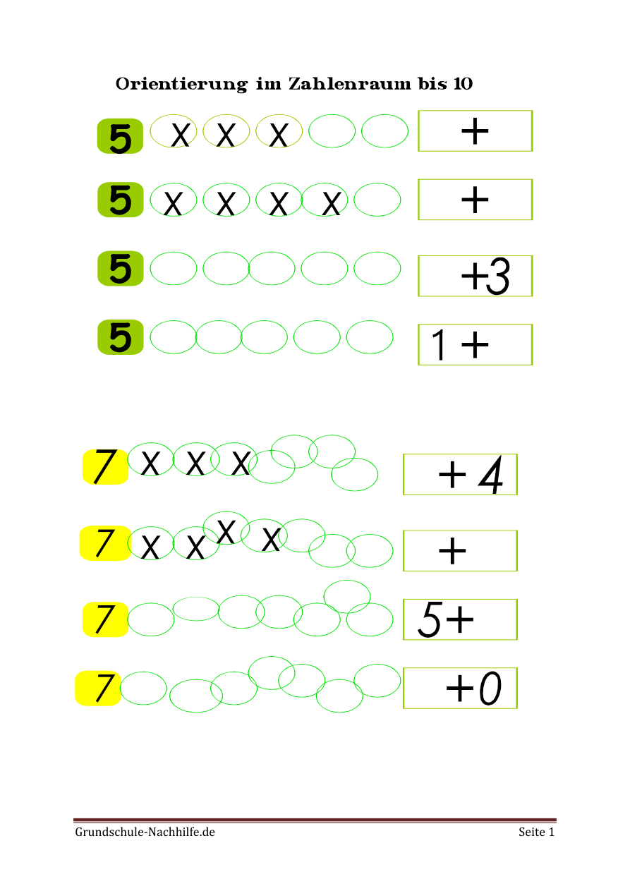 Arbeitsblatt zur Erfassung einfacher Grundaufgaben der 5 und 7 Mathe Klasse 1