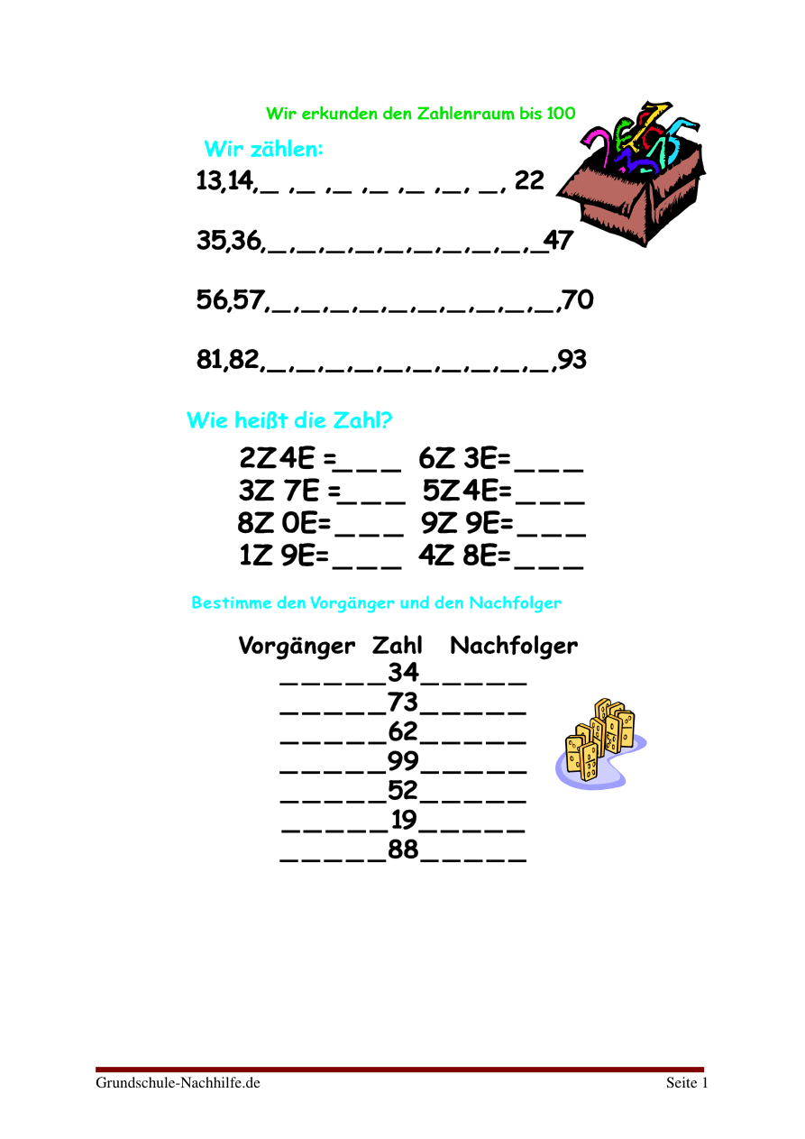 Zum Downloaden Zahlenraum bis 100 erobern Mathe Klasse2