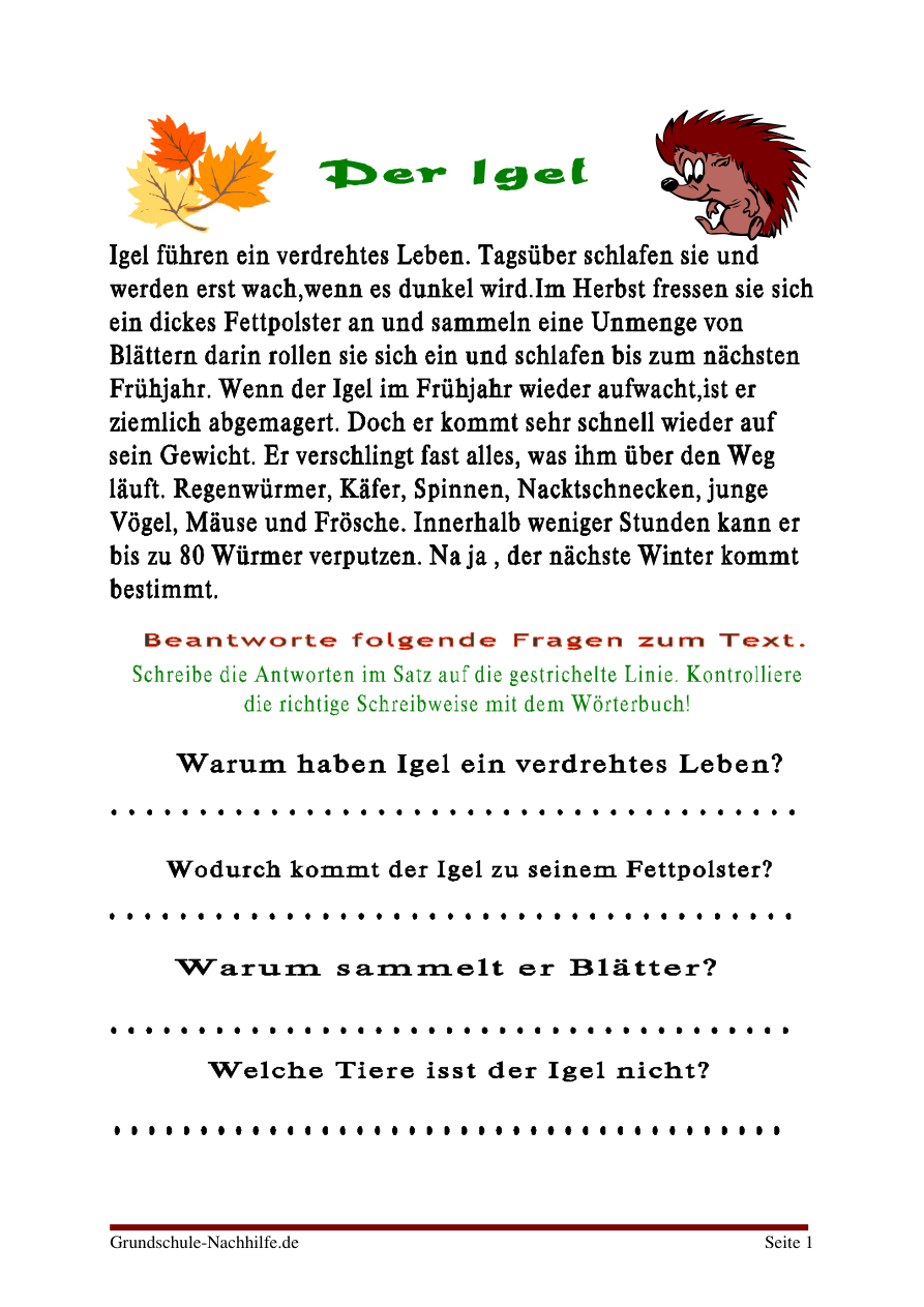 Arbeitsblatt Nachhilfe Deutsch Klasse 3 „Der Igel“ 1. Teil -Sinnerfassung