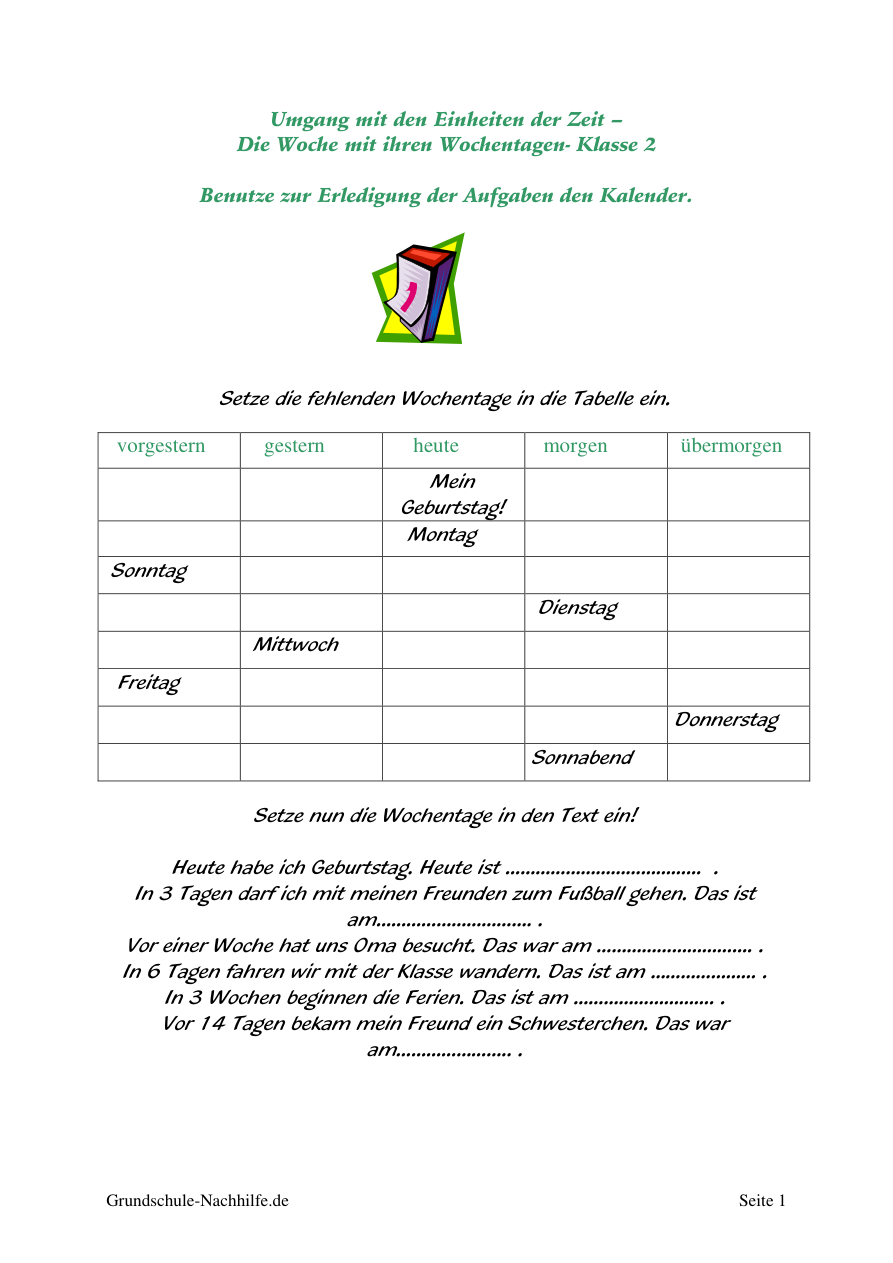 Arbeitsblatt Nachhilfe Mathe Klasse 2 Umgang mit den Wochentagen
