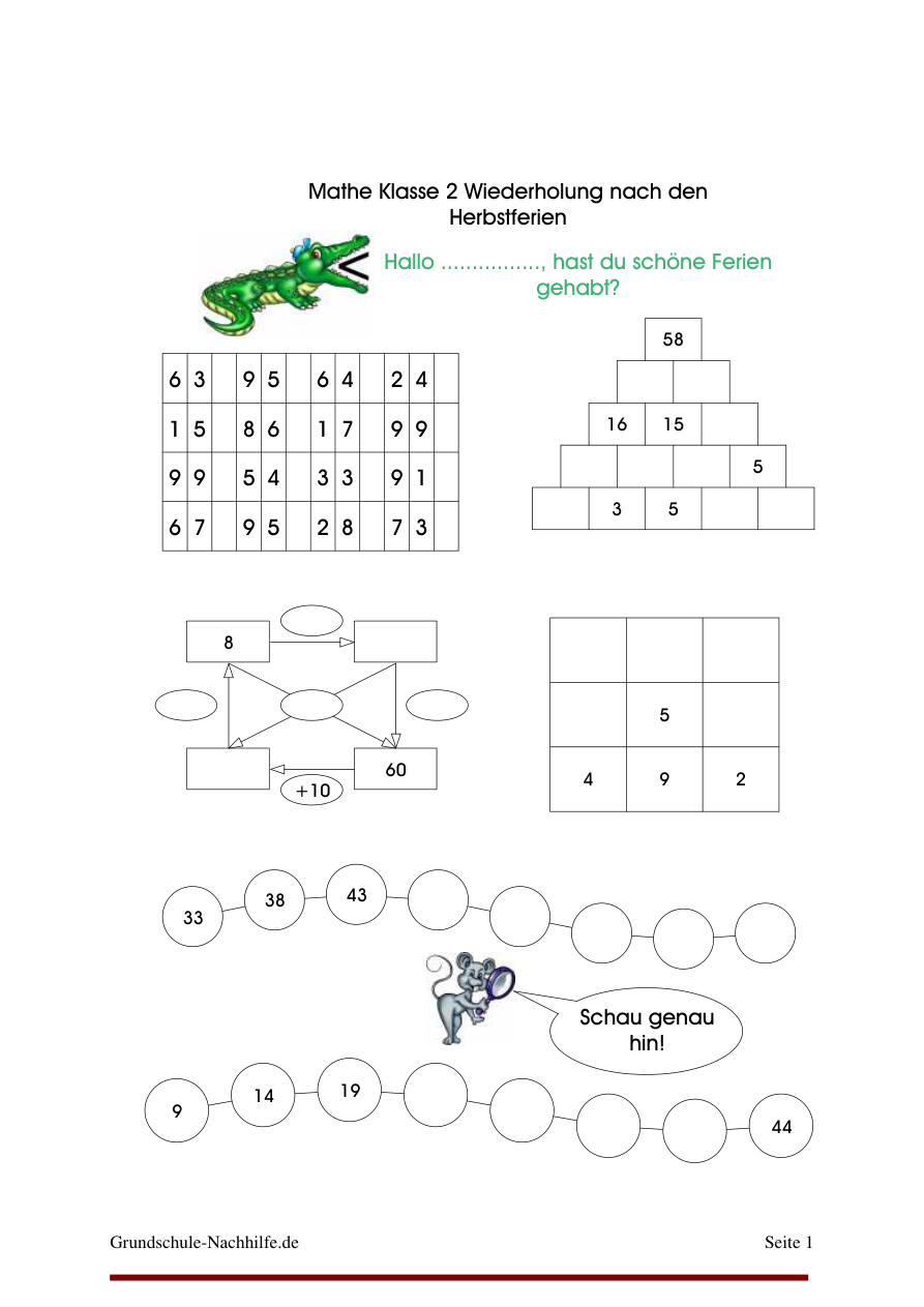 Arbeitsblatt Nachhilfe Mathe Klasse 2 Rechnen bis 100