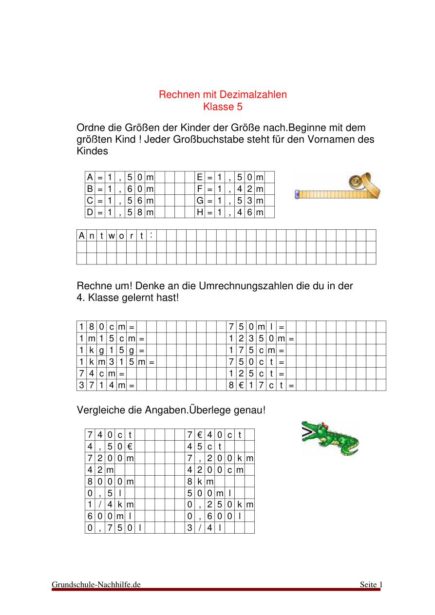 Arbeitsblatt Nachhilfe Mathe Klasse 4/5 Rechnen mit Dezimalbrüchen (Dezimalzahlen)