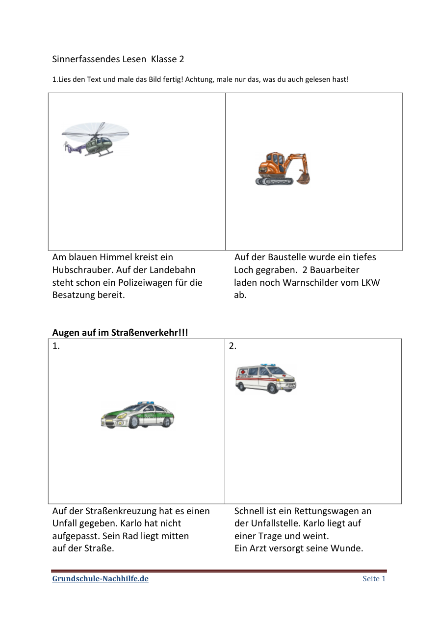 Arbeitsblatt Deutsch Klasse 1 Sinnerfassendes Lesen und kleine Bilder dazu malen