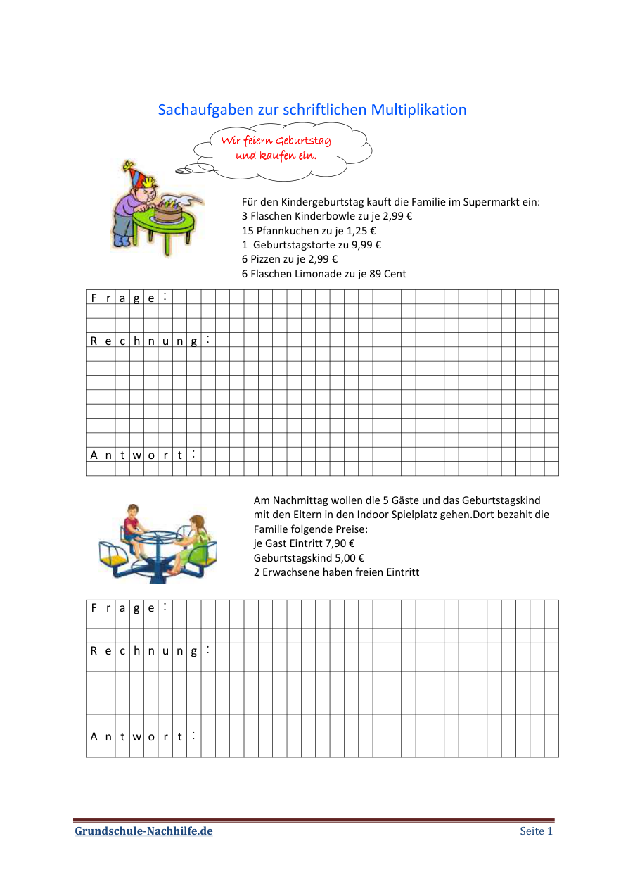 Arbeitsblatt Mathe Klasse 3,4 Schriftlicher Multiplikationen mit Sachaufgaben üben