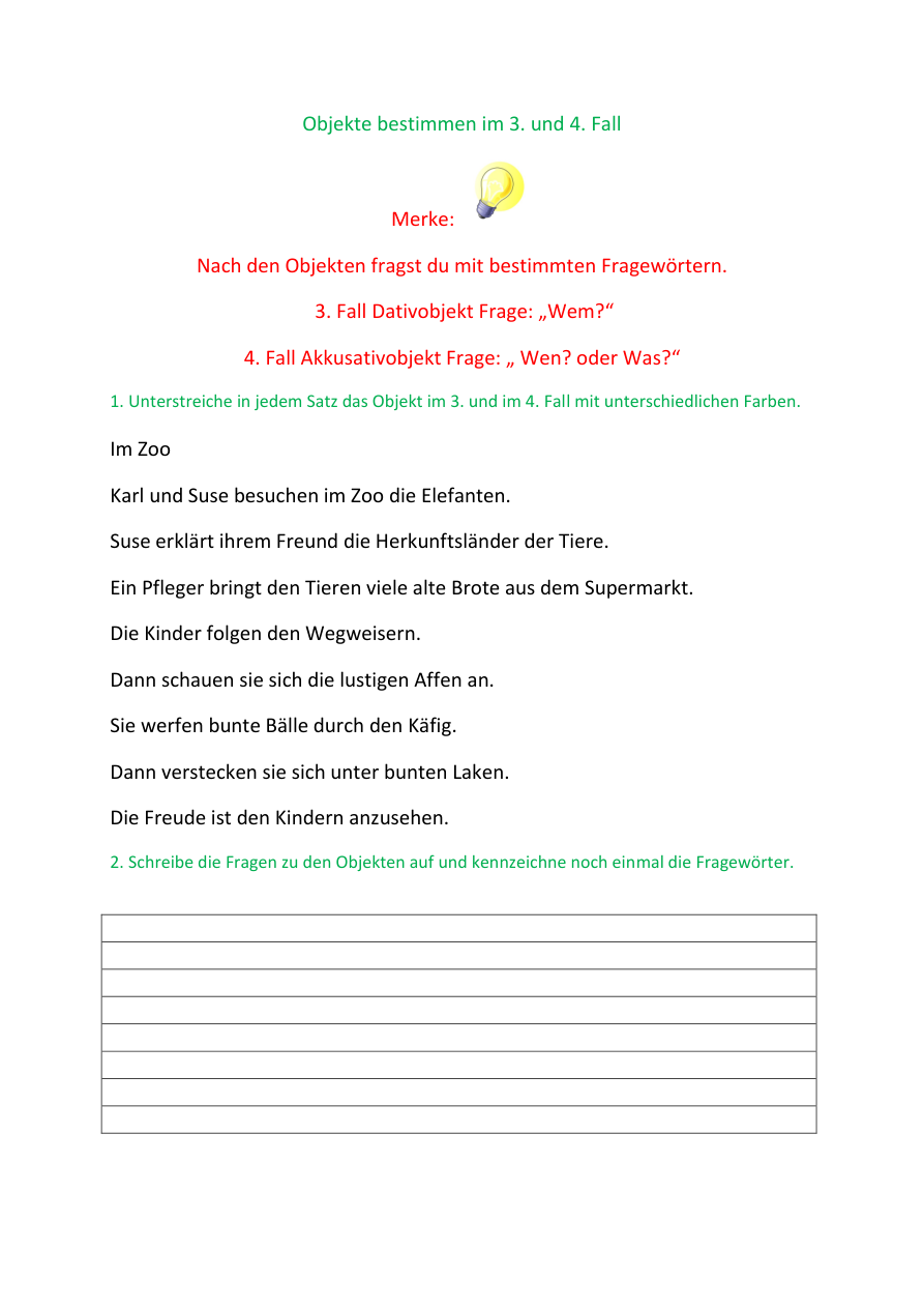 Arbeitsblatt Deutsch Klasse 3,4, Objekte im 3. und 4. Fall bestimmen