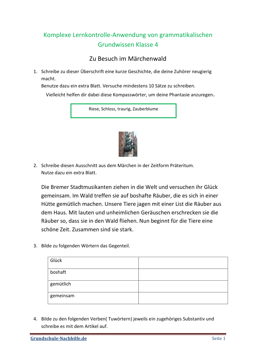 Arbeitsblatt Deutsch Klasse 4,5 Grammatikalische Grundwissen üben und festigen