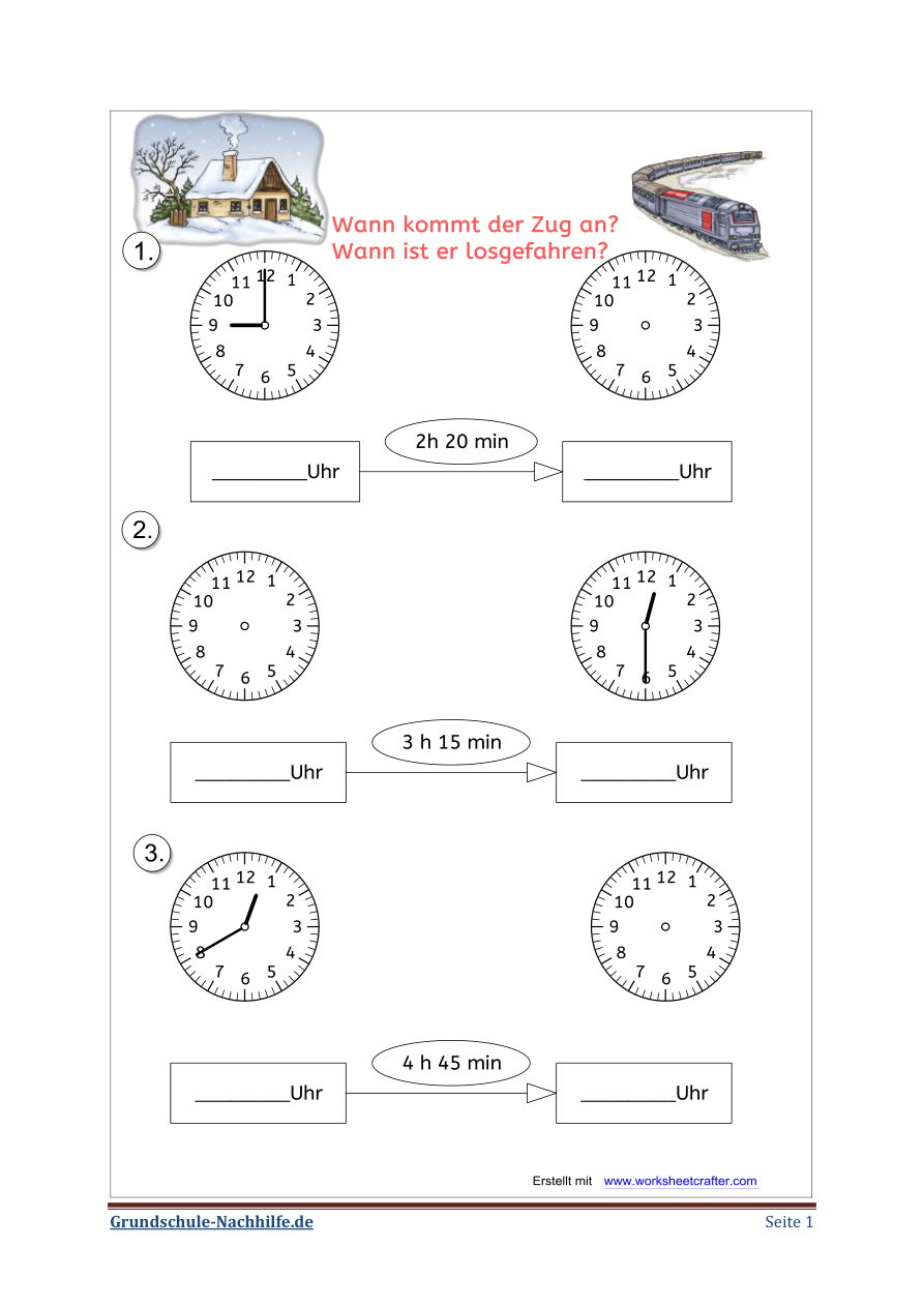 Arbeitsblatt Mathe Klasse 3 und 4 Uhrzeiten ablesen und Zeitdauer berechnen