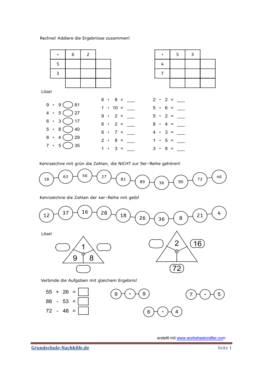 Arbeitsblatt Mathe Klasse 2, 3 Multiplikation Kleine 1×1 Anwendungsaufgaben