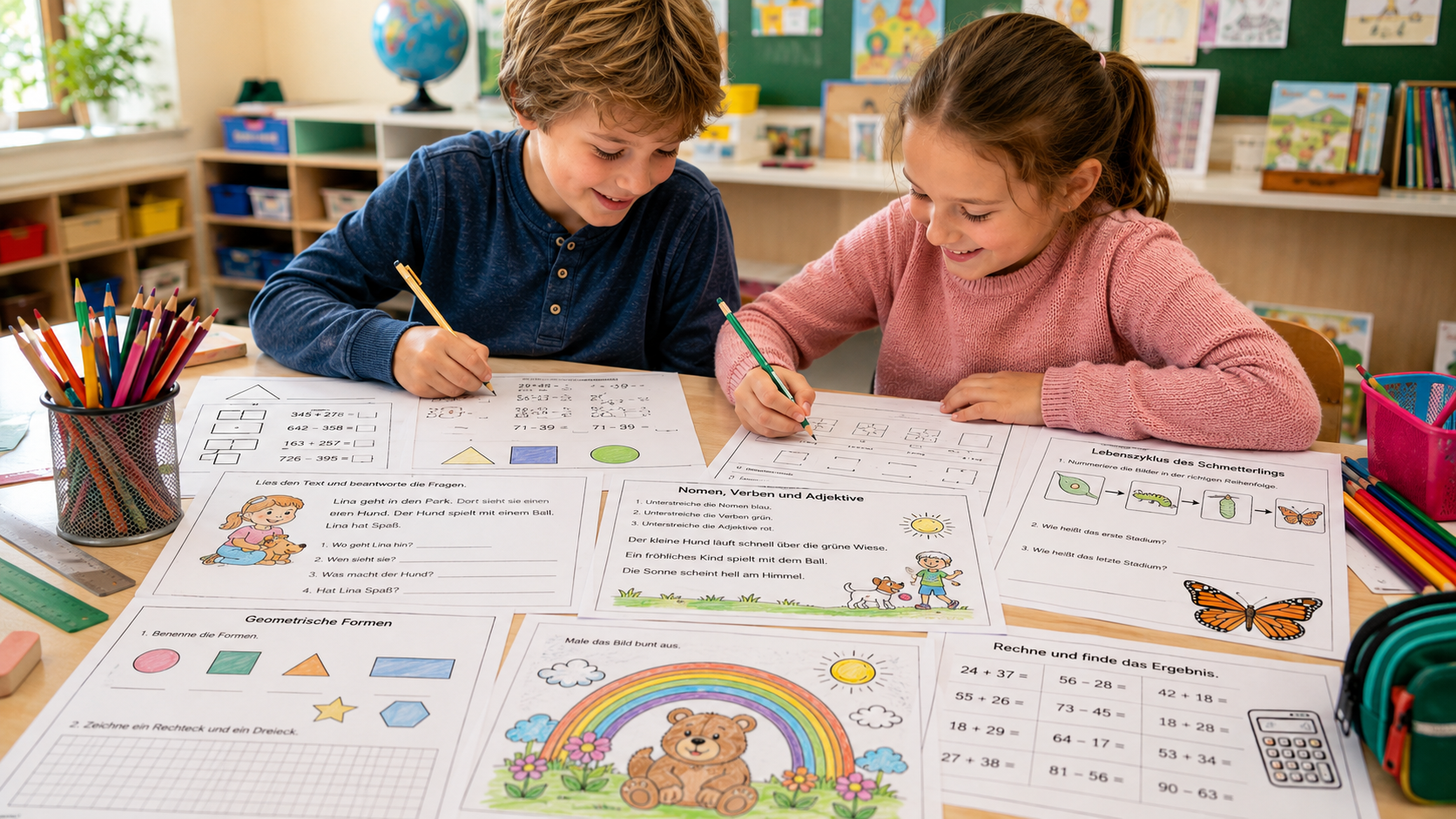 Grundschulkinder bearbeiten kostenlose Arbeitsblätter zu Deutsch, Mathematik und Sachkunde