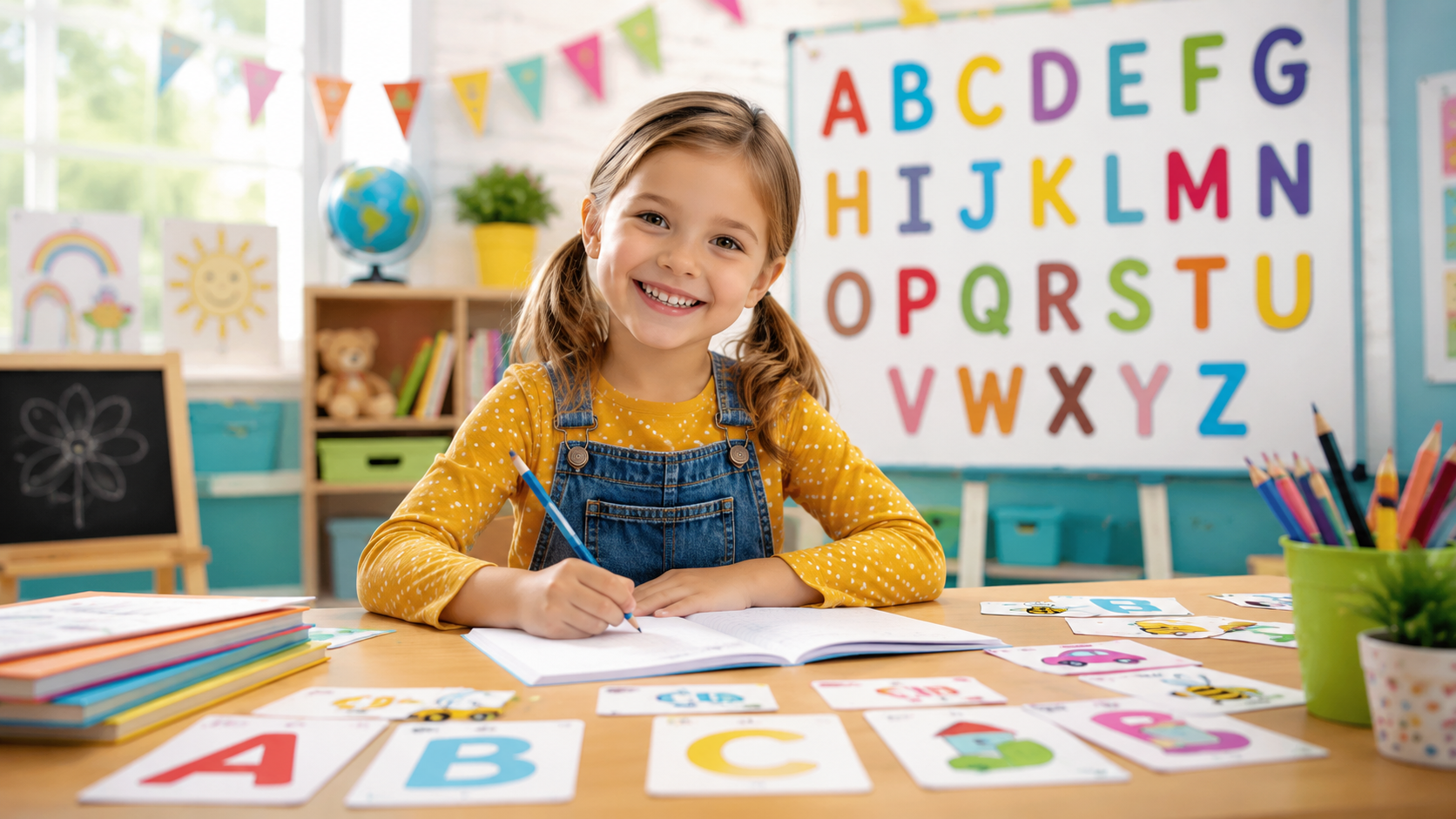 Grundschülerin lernt Buchstaben und erste Wörter im Deutschunterricht der 1. Klasse