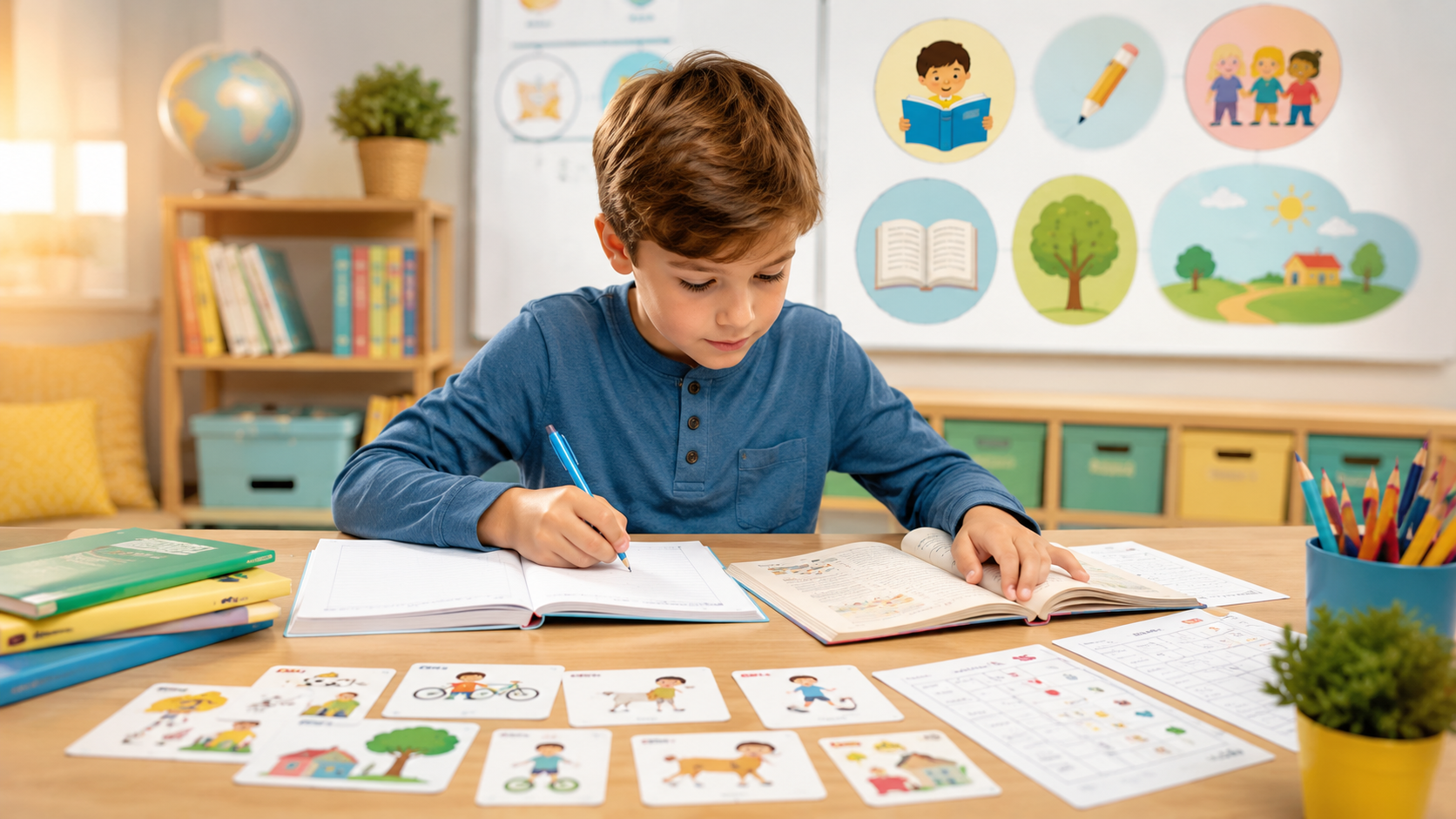 Zwei Kinder bearbeiten Deutsch-Arbeitsblätter zu Lesen, Schreiben und Grammatik in der 2. Klasse
