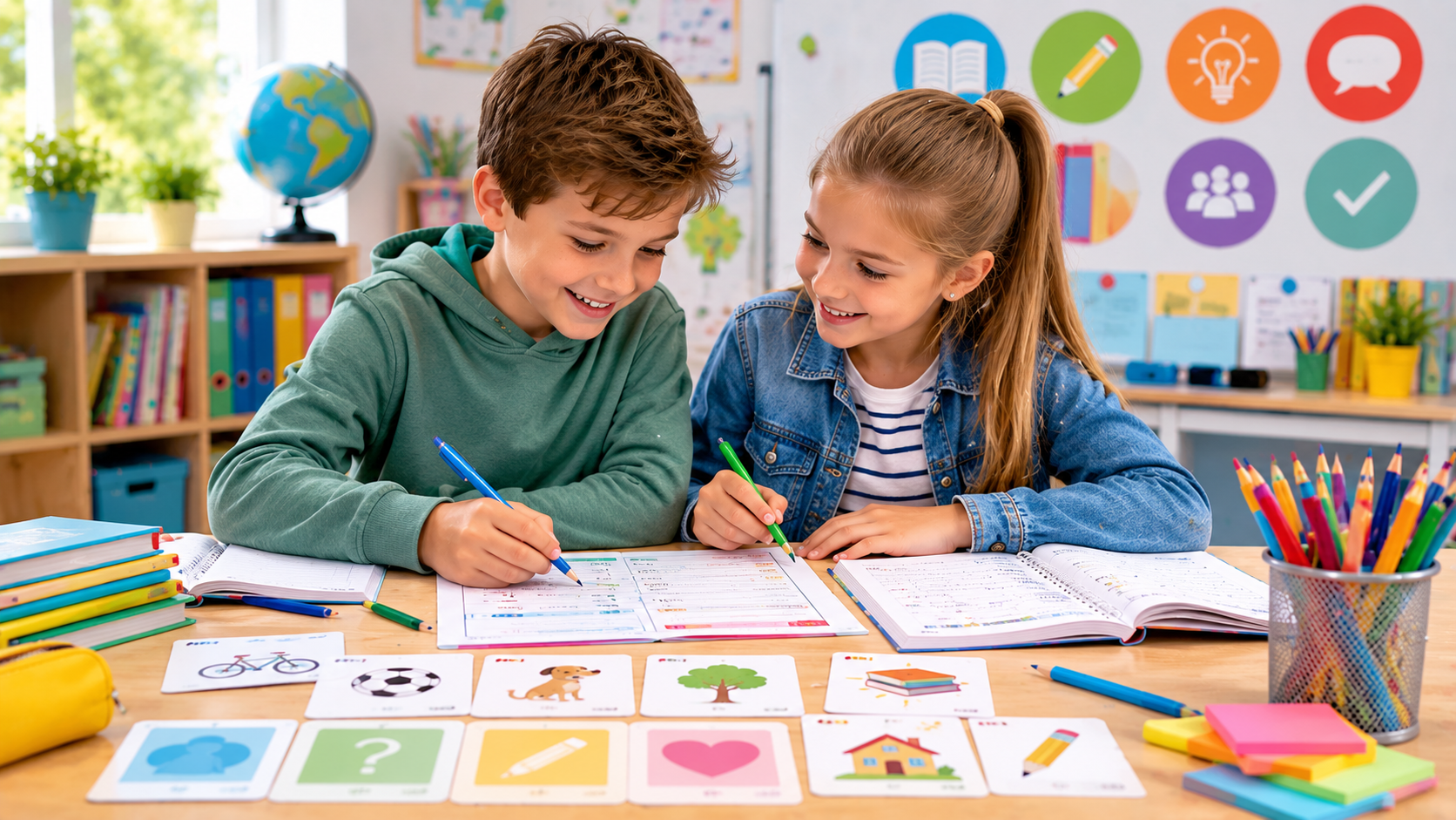 Schüler arbeitet konzentriert an Deutschaufgaben zu Wortarten und Rechtschreibung in der 3. Klasse