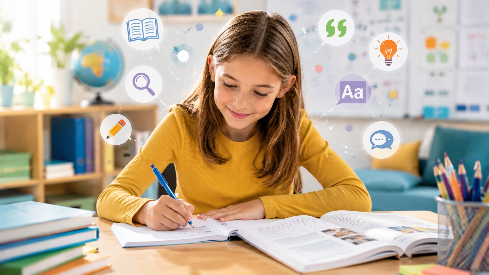 Grundschülerin übt Grammatik, Textverständnis und Schreiben im Deutschunterricht der 4. Klasse