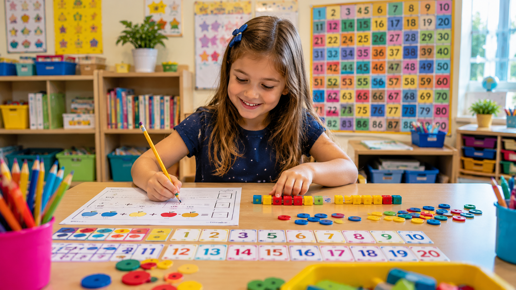 Grundschülerin übt erste Rechenaufgaben mit Zahlen und Mengen im Mathematikunterricht der 1. Klasse