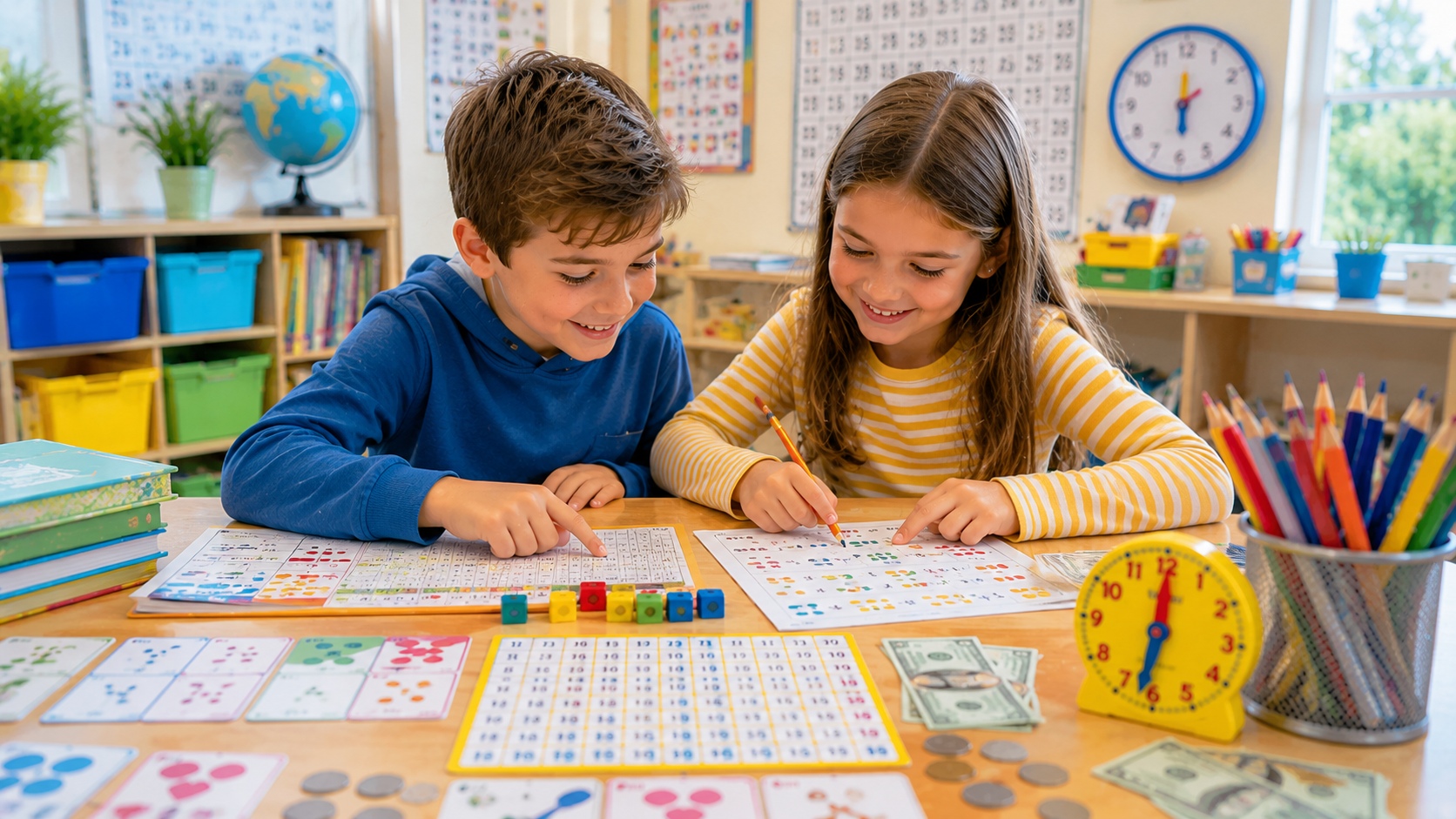 Zwei Grundschulkinder bearbeiten Mathe-Arbeitsblätter zu Rechnen und Sachaufgaben in der 2. Klasse