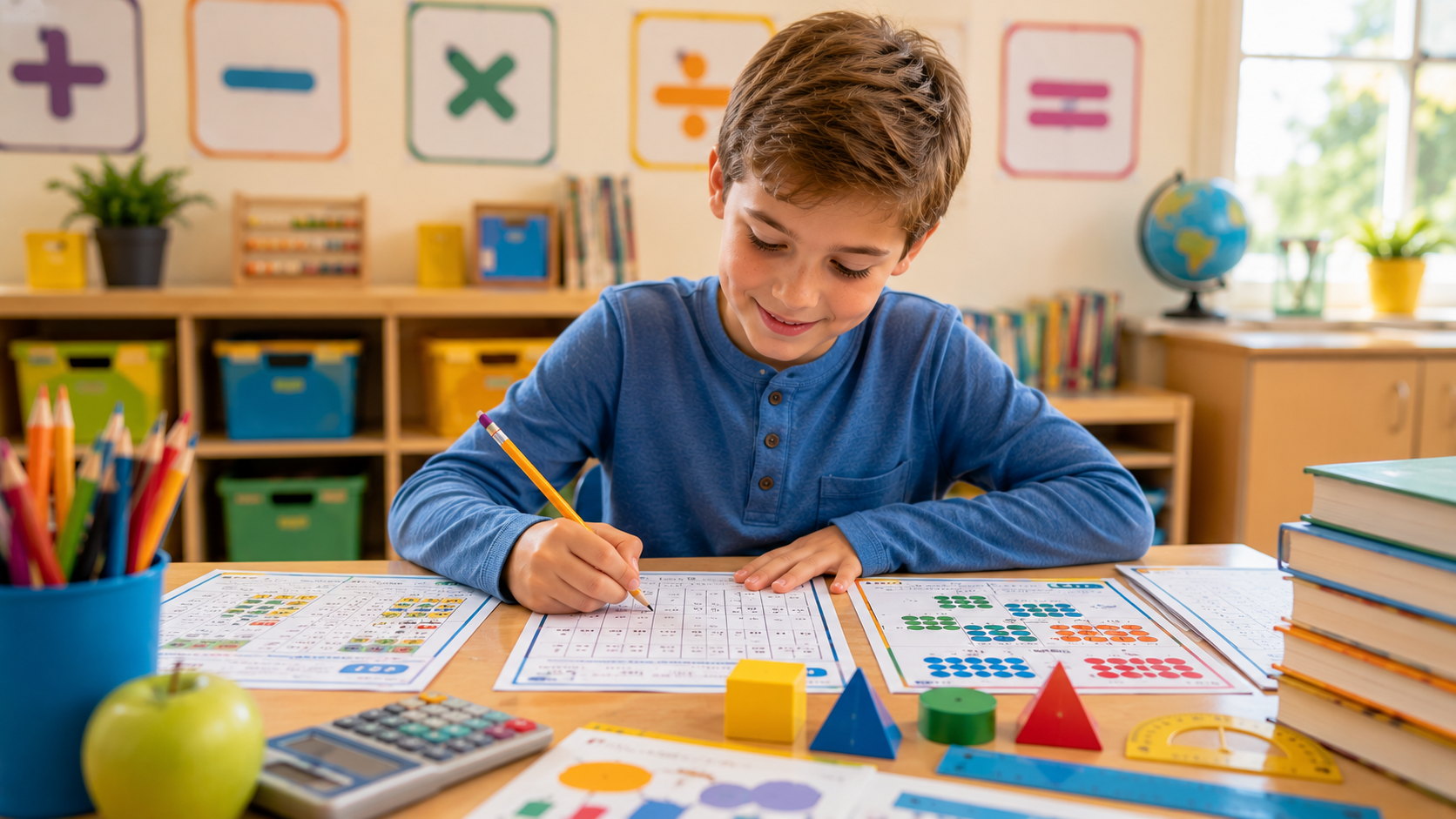 Schüler löst Matheaufgaben zu Einmaleins, Division und Geometrie in der 3. Klasse