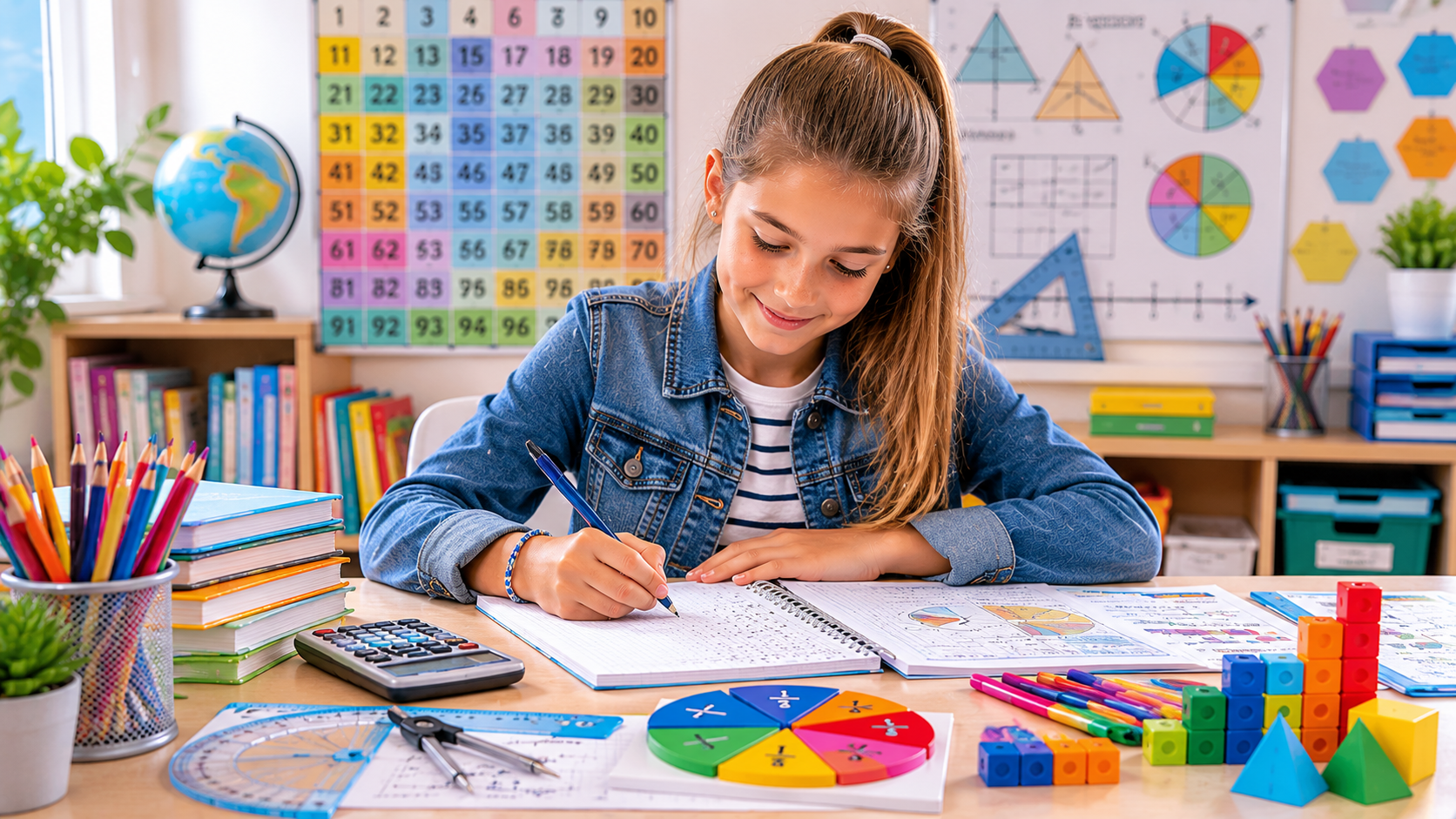 Grundschülerin übt schriftliches Rechnen, Brüche und Geometrie im Mathematikunterricht der 4. Klasse