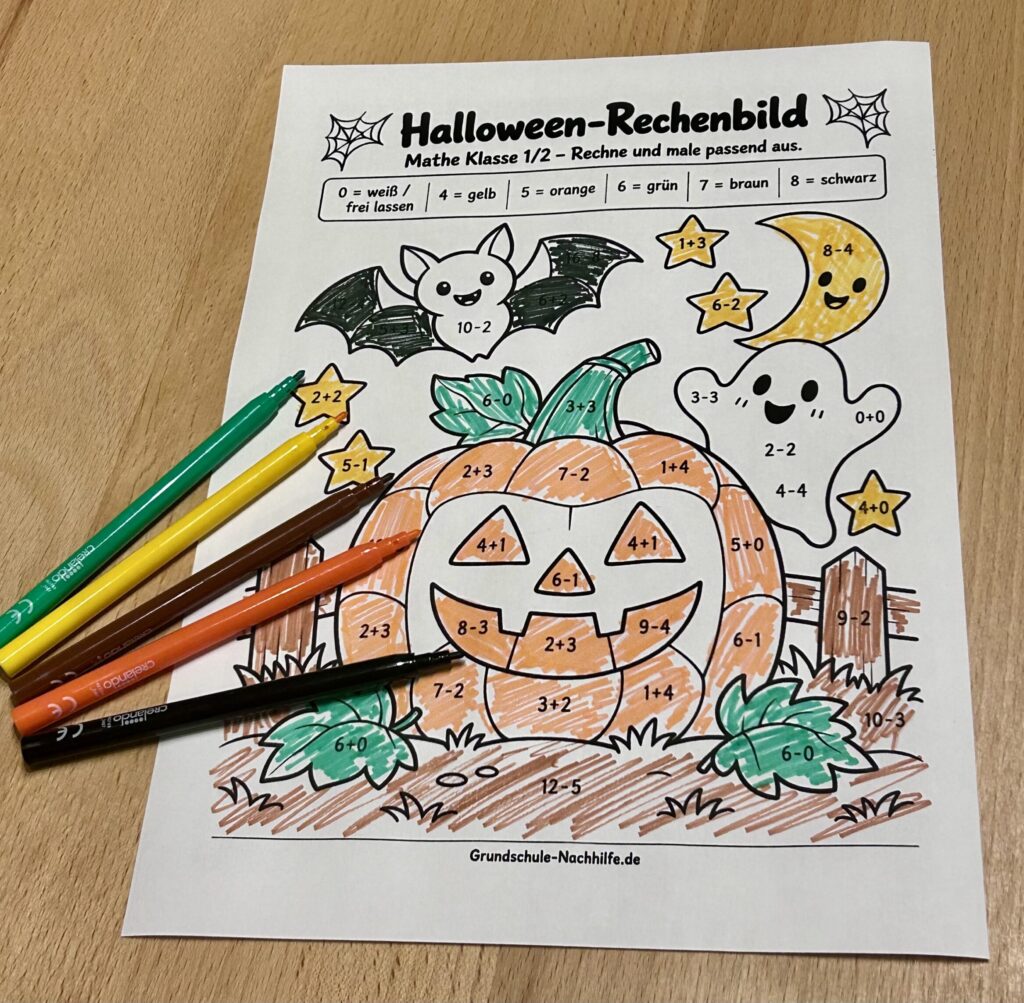 Ausgemaltes Halloween-Rechenbild mit Kürbis für Mathe Klasse 1 und 2